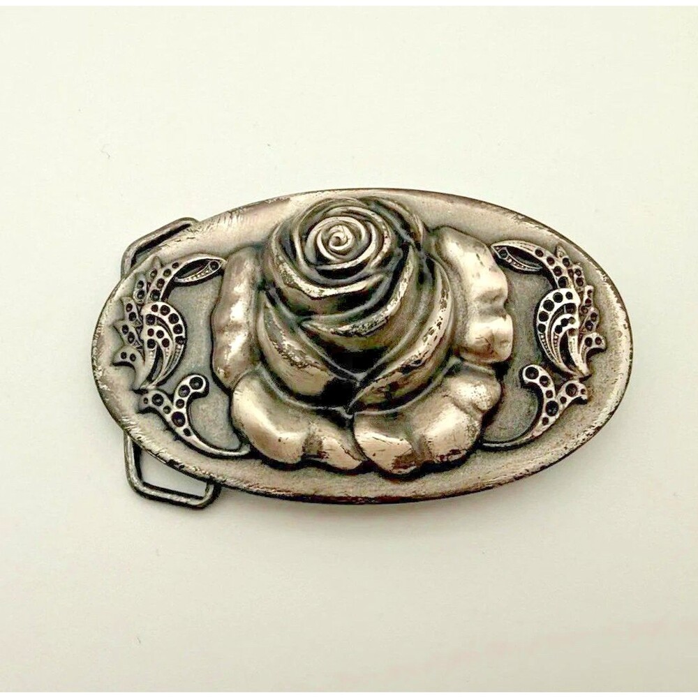 Women's IBEL Italy 3D Raised Rose Belt Buckle Oval Silver Tone Western Filigree